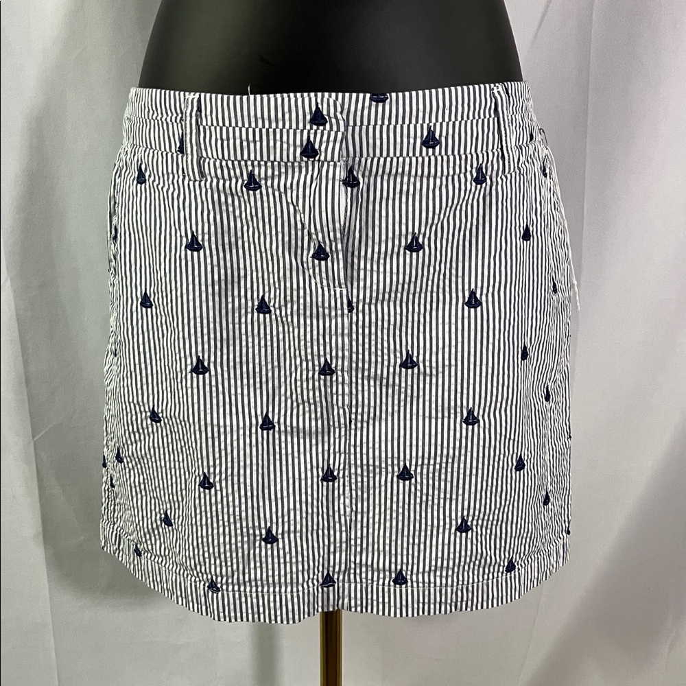 NWOT British Khaki Blue & White Striped Embroidered Sailboat Print Cotton Skirt